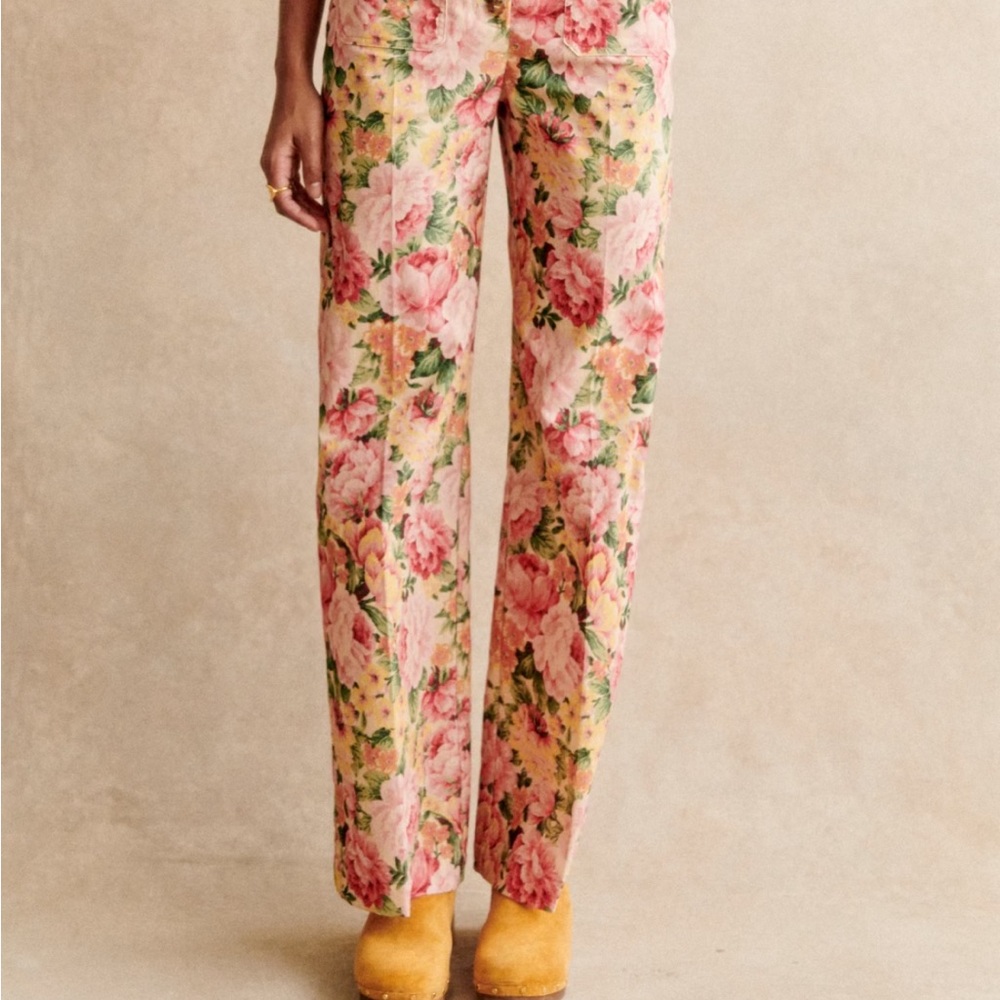 New With Tags Sezane Floral Chuck  Straight/Wide Leg Pants - Pink and Green